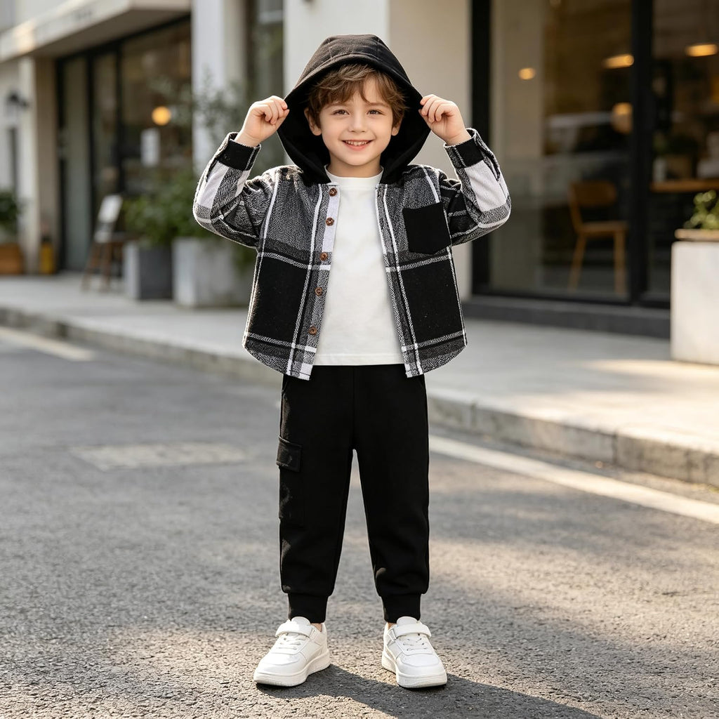 Toddler Boys Clothes 2 Piece Flannel Plaid Shirt Hoodie and Pants Little Boys Fall Winter