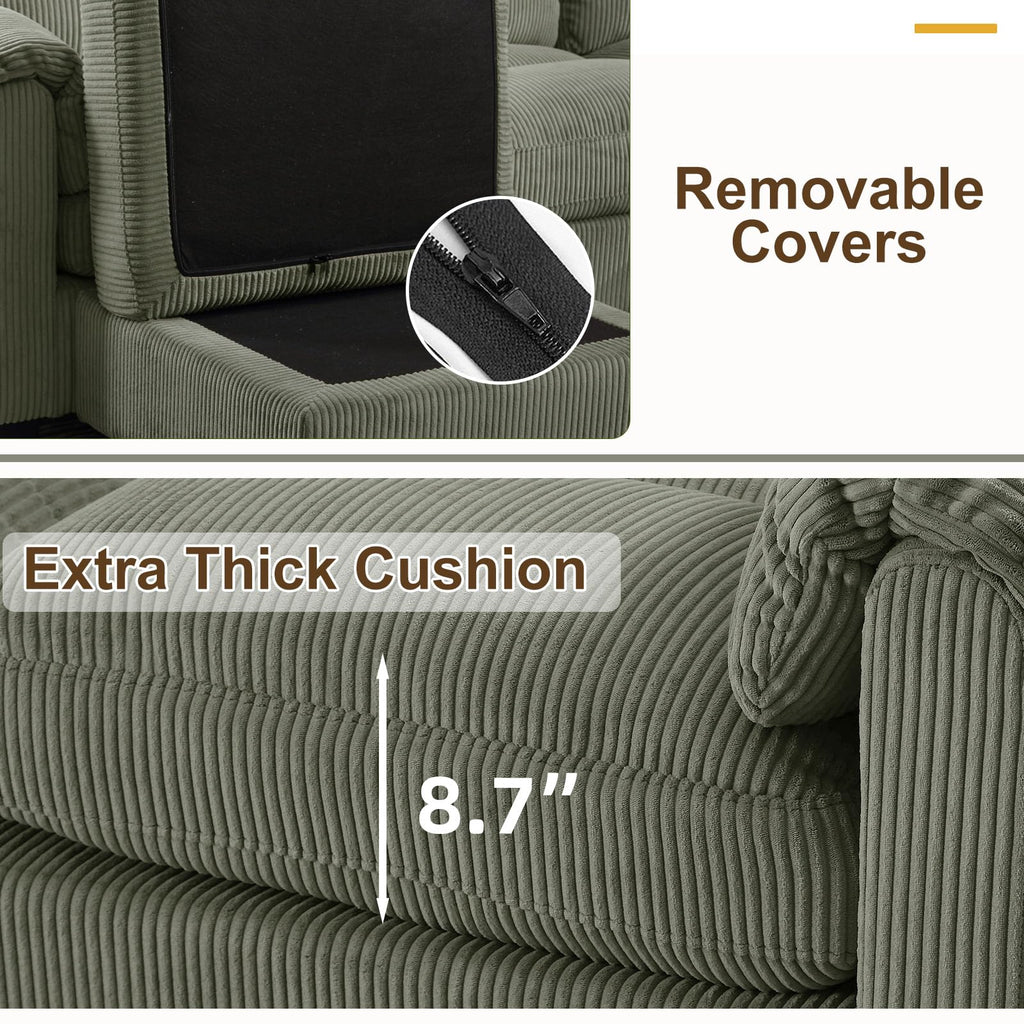 115" Modular Sectional Sofa Couch with 3 Movable Ottoman, Oversized Corduroy L Shaped Couches with Rolled Arms
