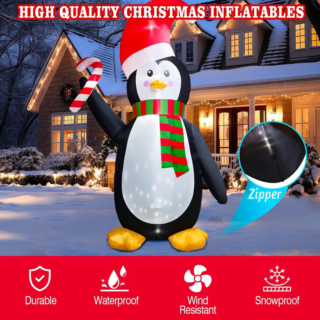 [Flash Light] 12FT Giant Christmas Inflatable Penguin Wear Santa Hat & Scarf Hold Candy Cane Decoration, Christmas