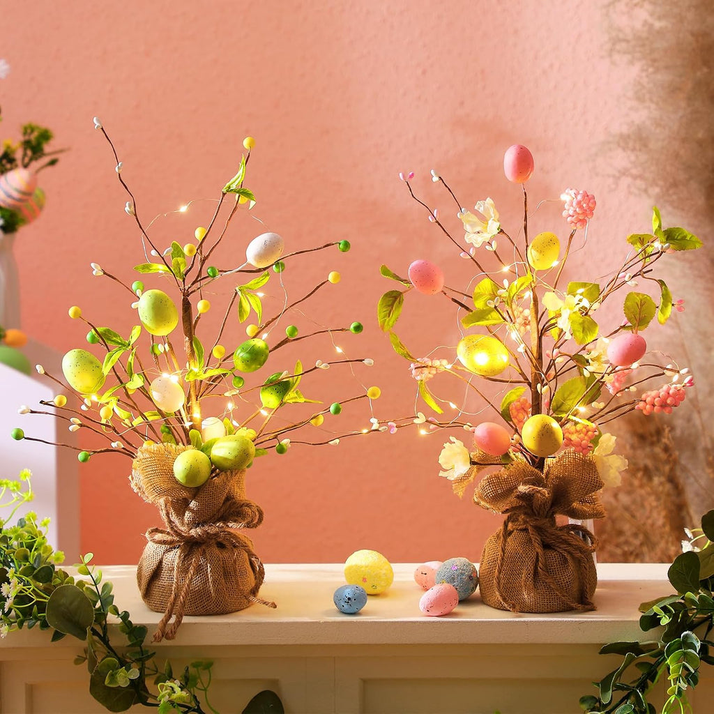 Easter Decorations 18 Inch Lighted Easter Egg Tree Tabletop Decor with LED Light Artificial Tree Decor - Set of 2