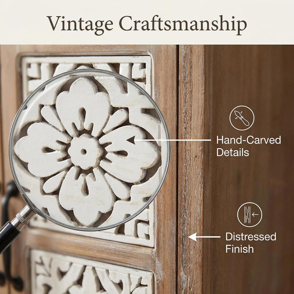 55" Tall Carved Accent Cabinet,Solid Wood Sideboards Buffet Cabinet | French Country Narrow Carved Accent Storage