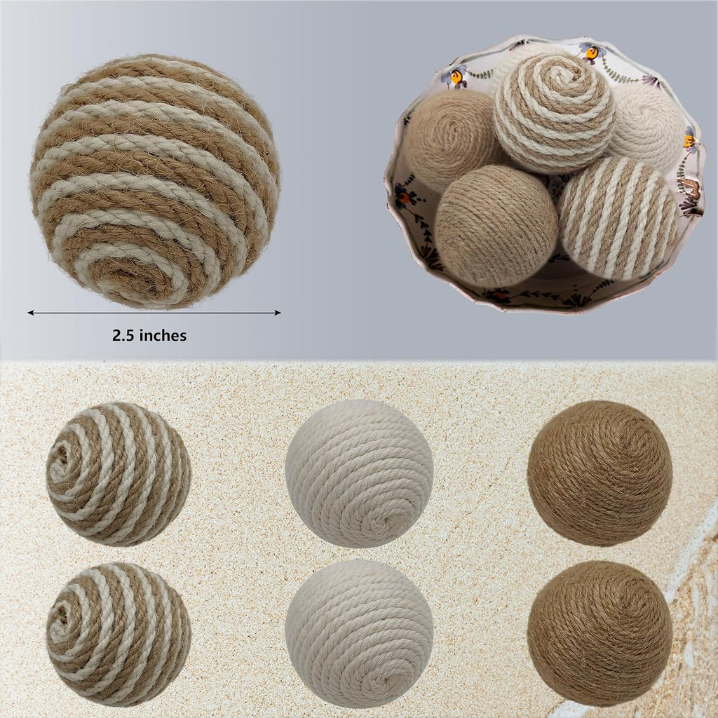Decorative Balls for Bowls, Decorative Ball Set of 2.5inch Natural Handmade Jute & Cotton Orbs Balls - Set of 6