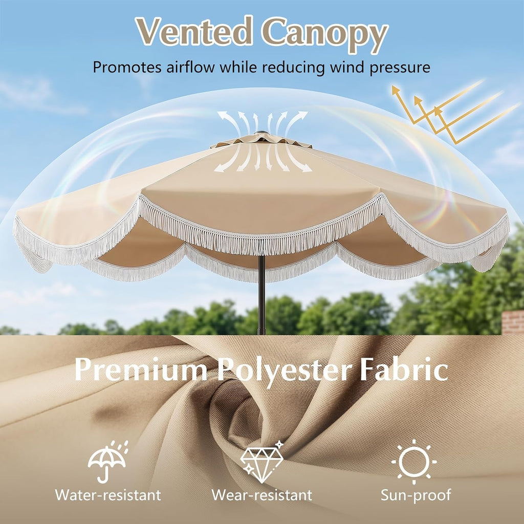 Patio Umbrella with Fringe, Boho Scalloped Canopy & Crank Lift - Beige 9 FT
