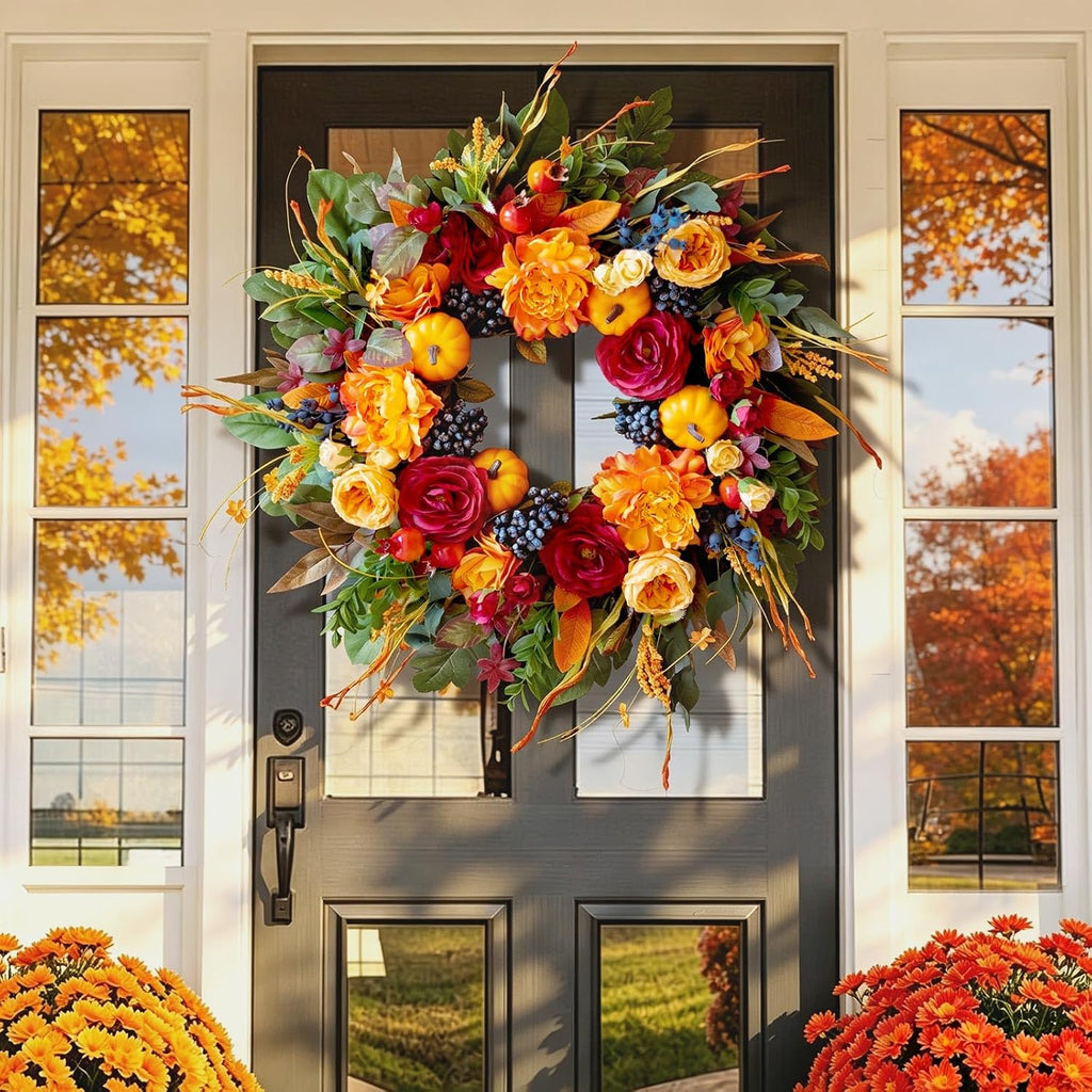 24 Inch Artificial Harvest Fall Wreath for Front Door,Porch & Entryway,Wall