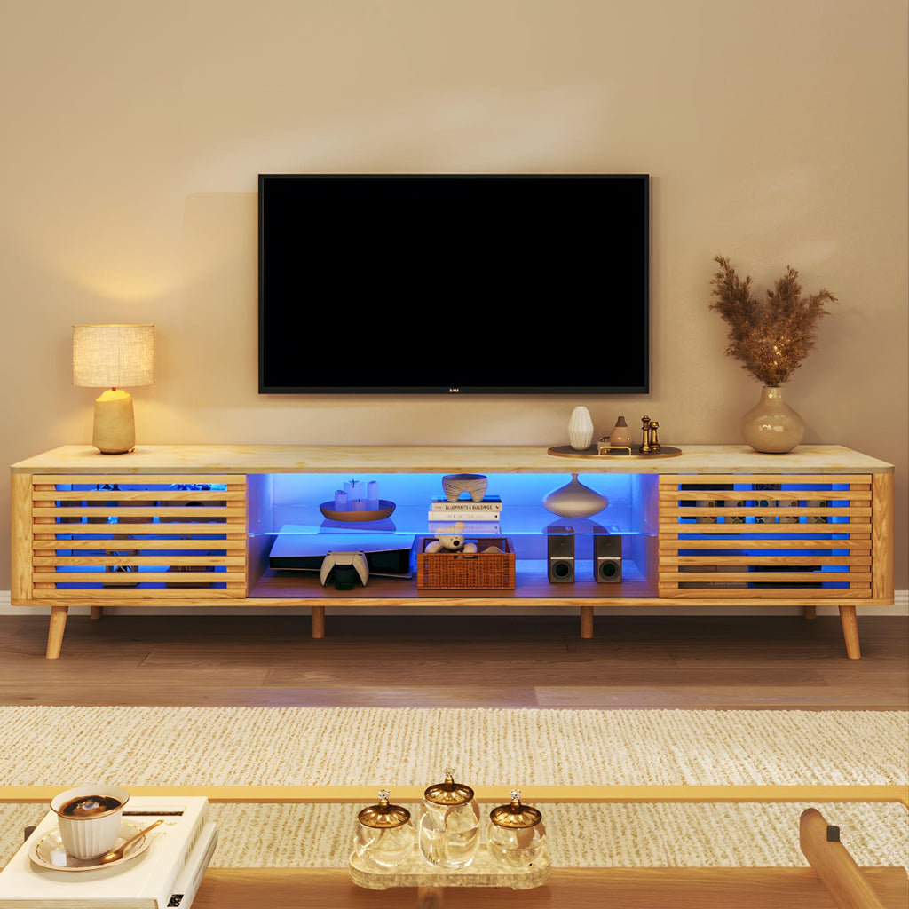 70" TV Stand for 55/65/75 Inch TV, Faux Marble Top Entertainment Center with Slatied Sliding Door & LED Lights, Mid