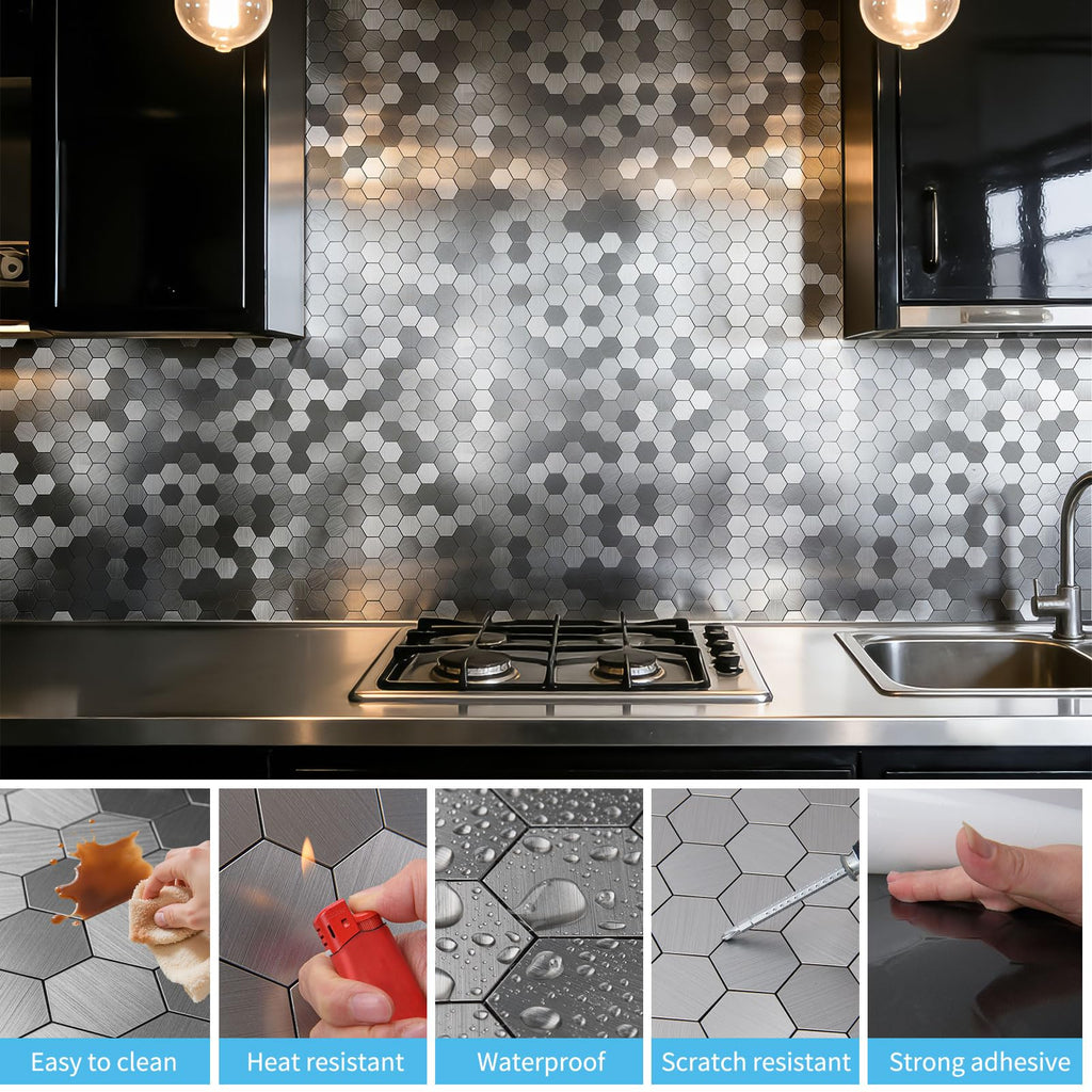 10-Pack Metal Peel and Stick Backsplash Tile, Silver Hexagon