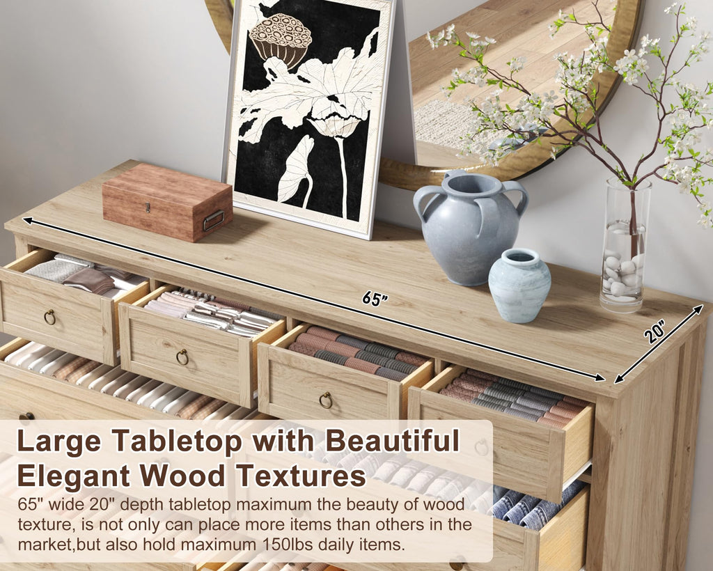 65inch Large Long Drawer Dresser w/Deep Drawers, Rustic Wood 8 Drawer Dresser with Large Capacity, Wooden Chest of