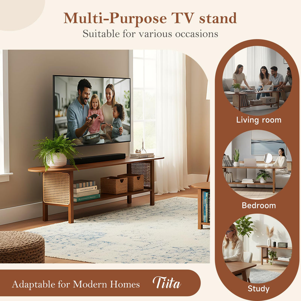 Walnut TV Stand for 65-Inch TVs, 2 Open Shelves, Rattan Media Console