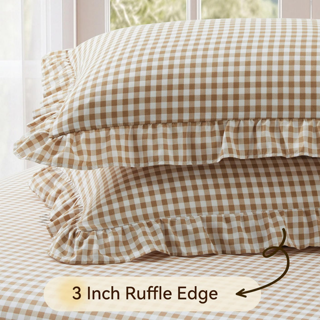 Gingham Ruffle Duvet Cover Set, 3 Pcs No Comforter, Taupe