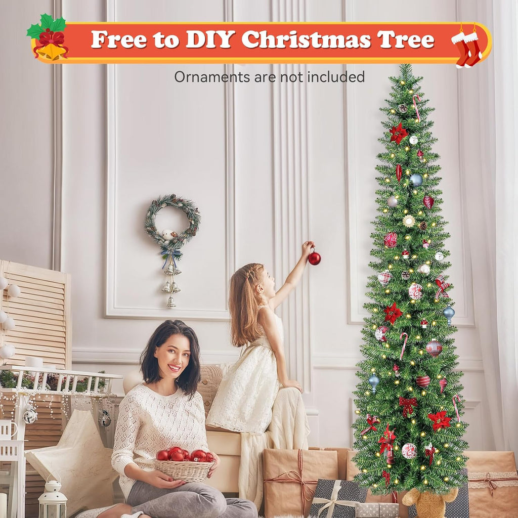 Green Pencil Artificial Christmas Tree Pre-Lit with Warm Lights, Slim Xmas Tree
