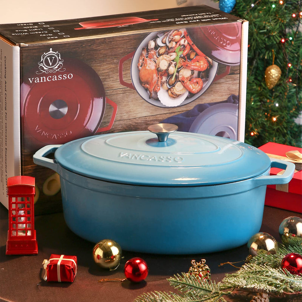 9.3 Qt Oval Enameled Cast Iron Dutch Oven with Lid, Light Blue