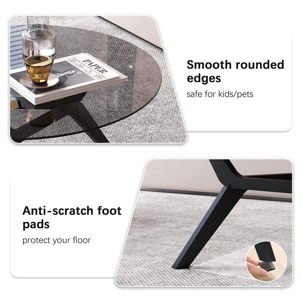 Round Glass Coffee Table, Soild Wood Base, 31.5" W, Black