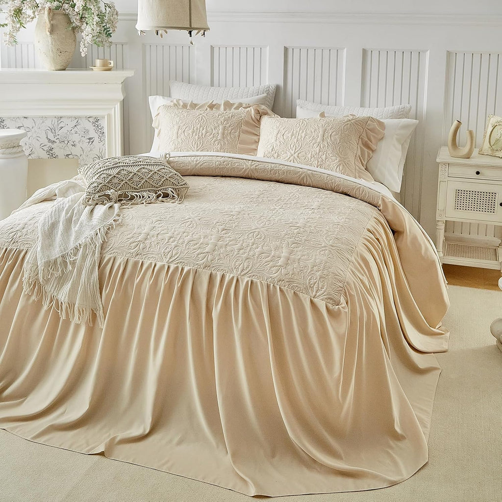 Ruffle Skirt Bedspread Set Floral Design - 30" Long Drop Vintage Cream Chic Ruffled Summer Coverlet Bed Quilt Boho