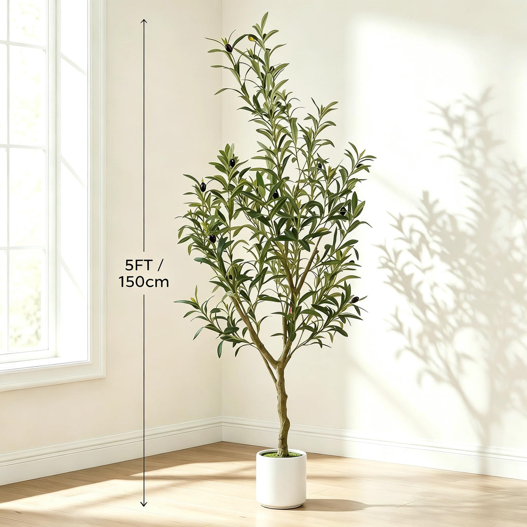 Faux Olive Tree, 5FT Artificial Olive Trees with Lifelike Olive Branches and Fruits, Fake Floor Plants with Pot for