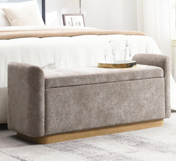 49" Storage Ottoman Bench, Upholstered Bench, Chenille, Brown | End of Bed Bench with Hidden Storage, Safety Hinge &
