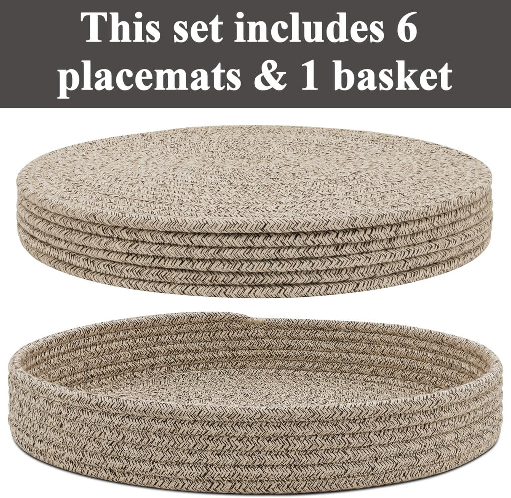 Round Placemats with Holder, Cotton Rope Woven Place Mats, Hot Pads, Heat Resistant Table Mats, 13 Inch - Set of 6