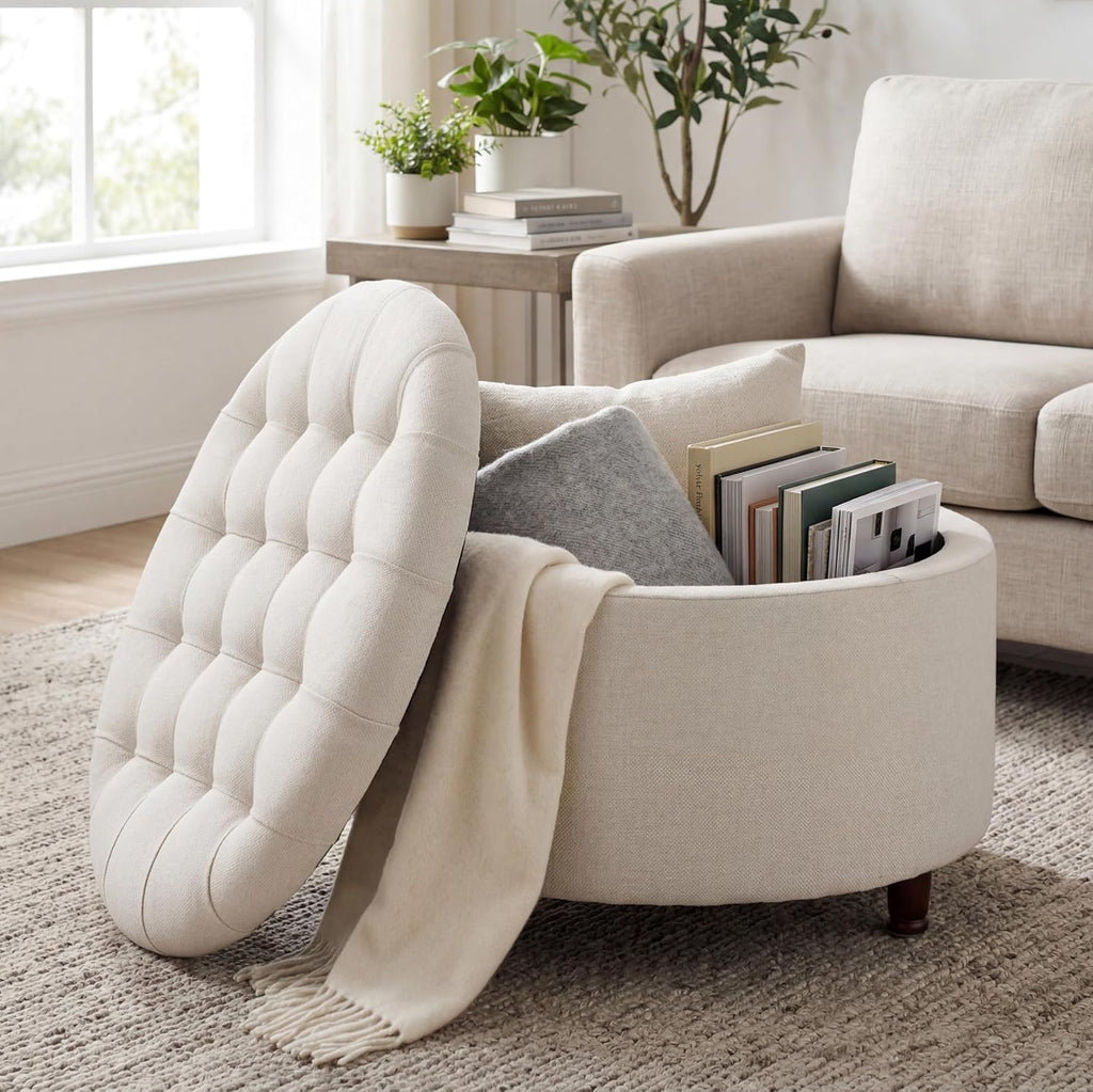 28" Round Storage Ottoman, Tufted Coffee Table ,Beige | Chenille Upholstered Footrest with Removable-Top & Wood Leg