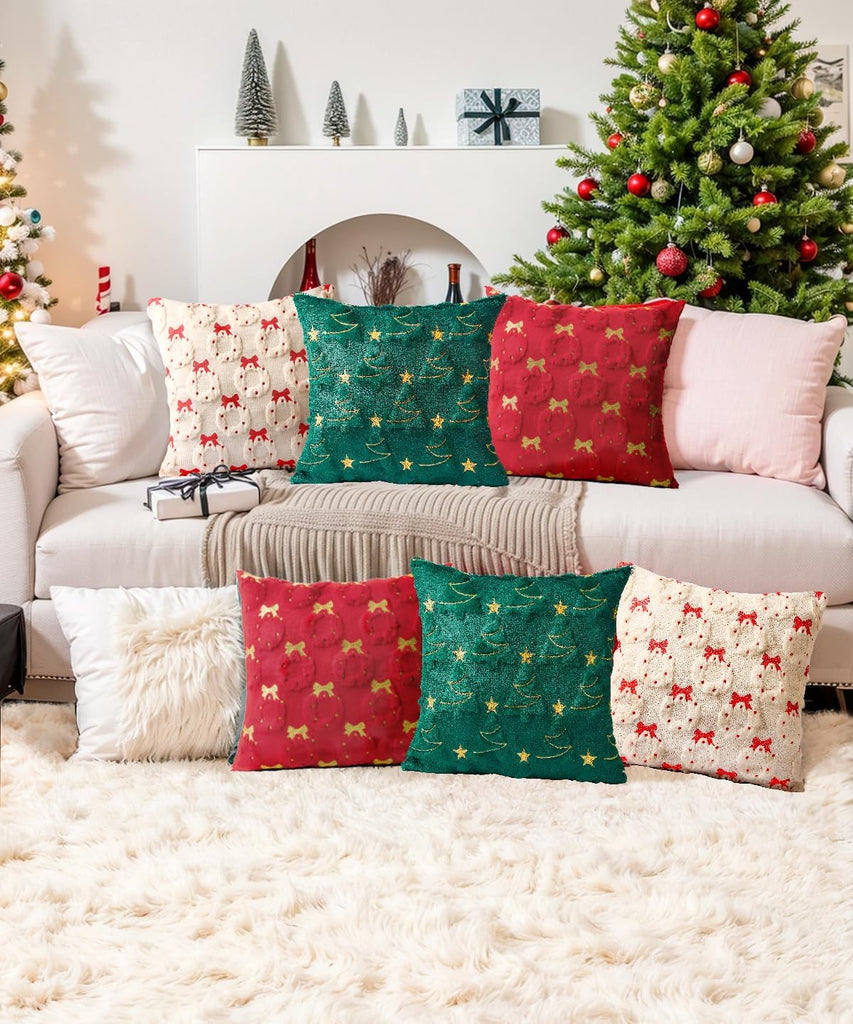 Christmas Pillow Covers Soft Plush Faux Fur Pillow Cases 3D Embroidered Decorative Couch Cover Home Decor - Set of 2