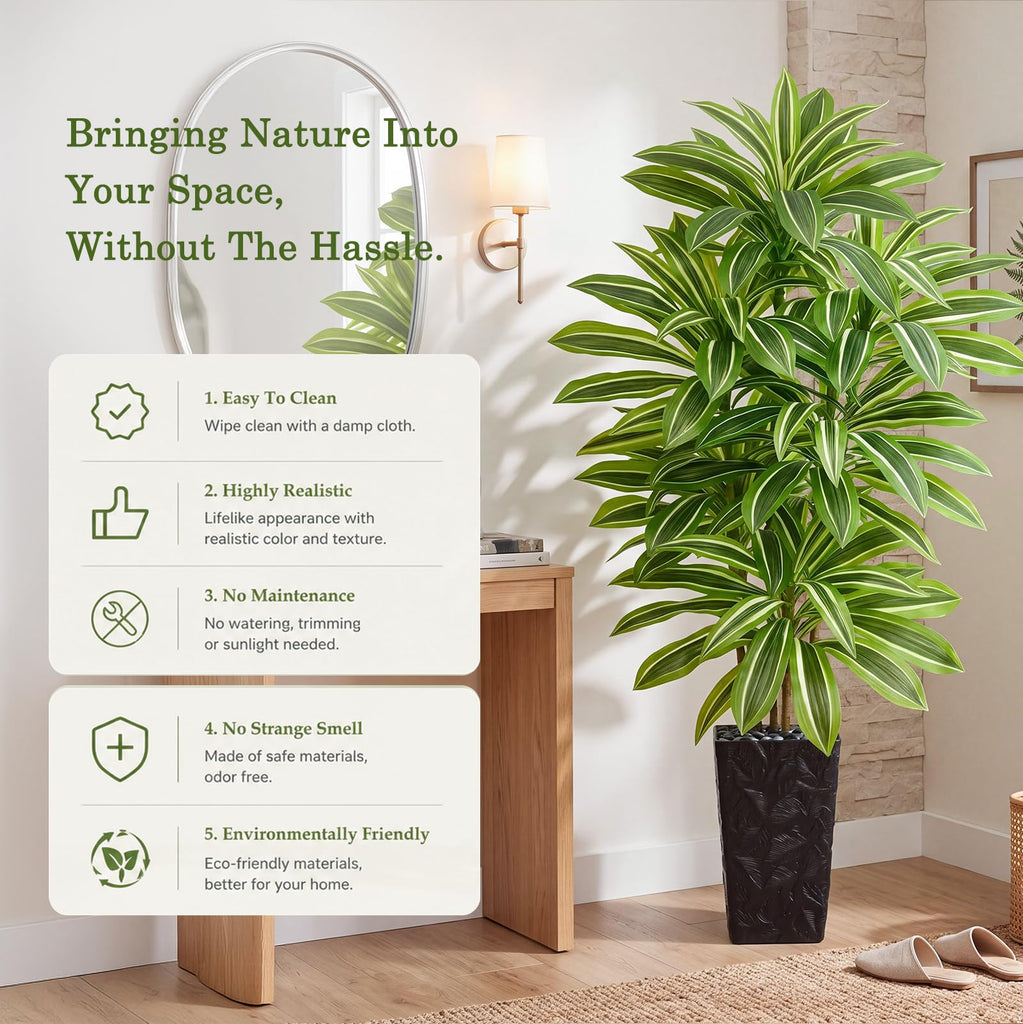Dracaena Tree, 6FT Fake Tree with Black Tall Planter