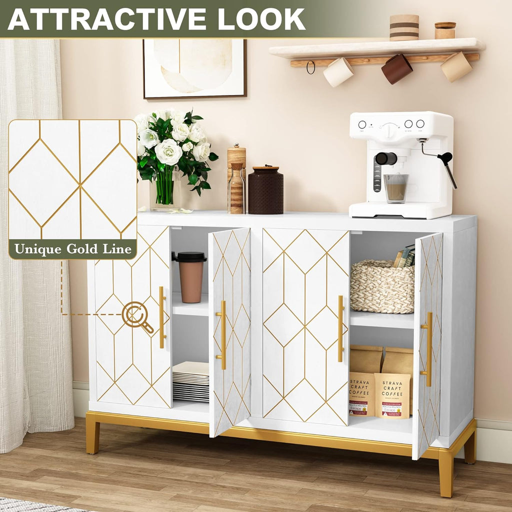 Accent Cabinet with 4 Doors&Shelves, Sideboard Buffet Cabinet with Gold Trim, Modern White Storage