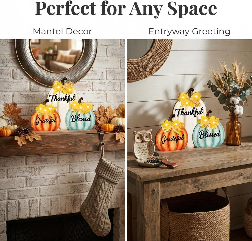 Fall Pumpkin Decor with LED Lights, Wooden Thanksgiving Table Sign "Blessed Grateful Thankful", Rustic Harvest Home - Set of 3