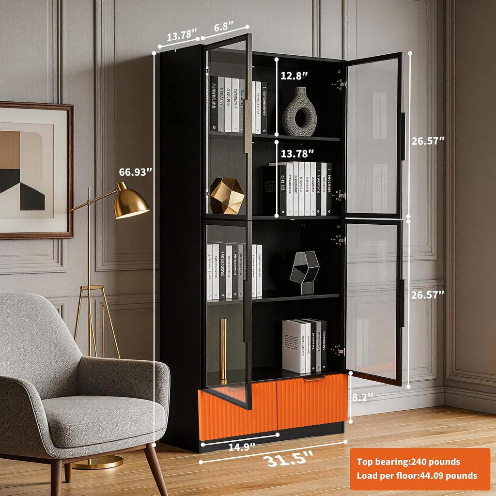 Black Display Cabinet, 67-Inch High Bookcase, Multi-Colored LED Ambient Lighting, 4-Tier Large Storage Space, 2 Large