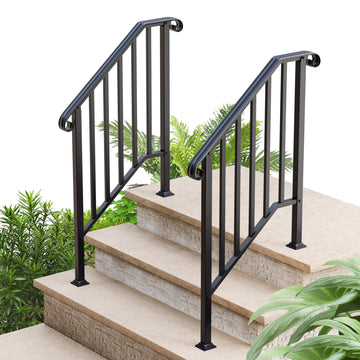 2 Pack 3 Step Handrails for Outdoor Steps, Wrought Iron Stair Railing Fits 2 or 3 Steps, Metal Hand Rail with