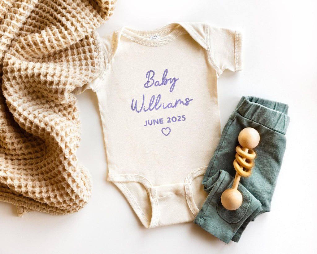 PHYSIQUE Custom Embroidered Pregnancy Announcement Bodysuit, Newborn Gift, Coming Soon Baby Clothing with Name & Date