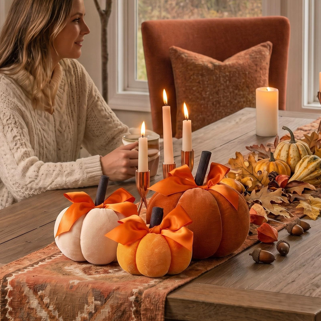 3 Pcs Fall Pumpkins Decor Velvet Farmhouse Pumpkins Decorative