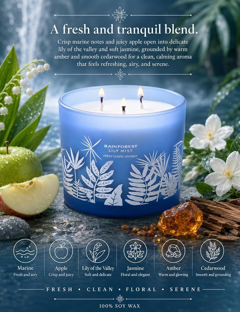 Large 3-Wick Soy Scented Candle, Rainforest Lily Mist, Fresh Rain, 14.5 Oz - Set of 145