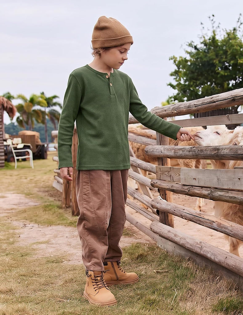 Boys Long Sleeve Thermal Shirts Waffle Henley Tops