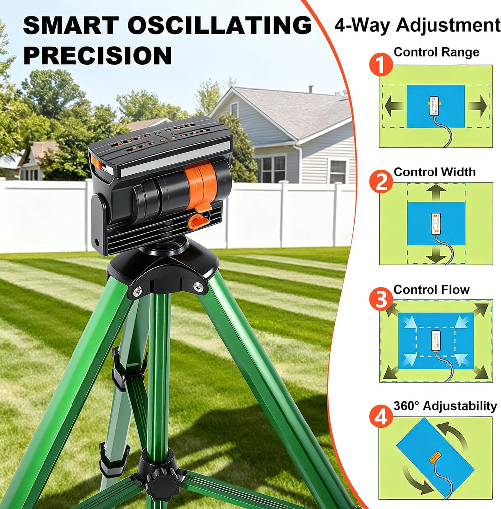 Oscillating Sprinkler Head on Telescoping Tripod Base with 2 Sprinkler Extensions, Heavy Duty Lawn Sprinklers, 360°