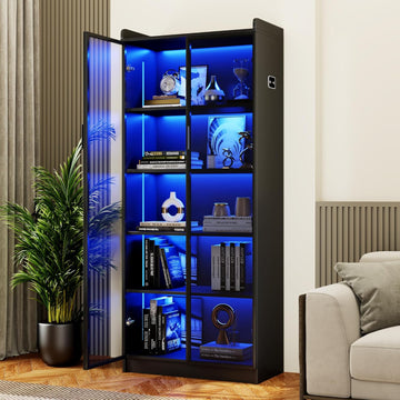 Display Cabinet with Doors and Adjustable Shelves, 65" Tall Bookcase with LED Lights/Human Sensor