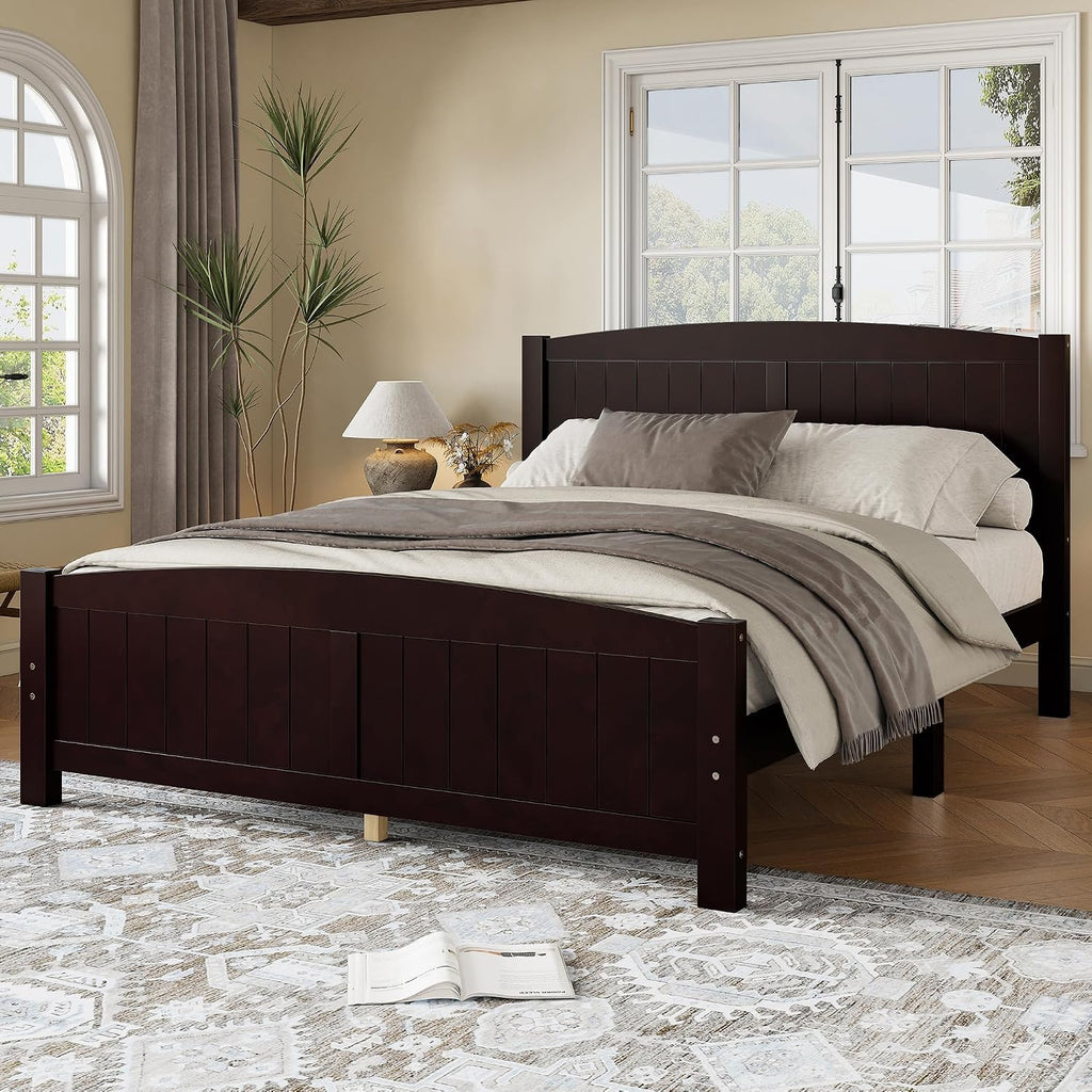 Queen Farmhouse Bed Frame with Headboard & Footboard, Mid Century Modern Bed Frame with Underbed Storage, Antique