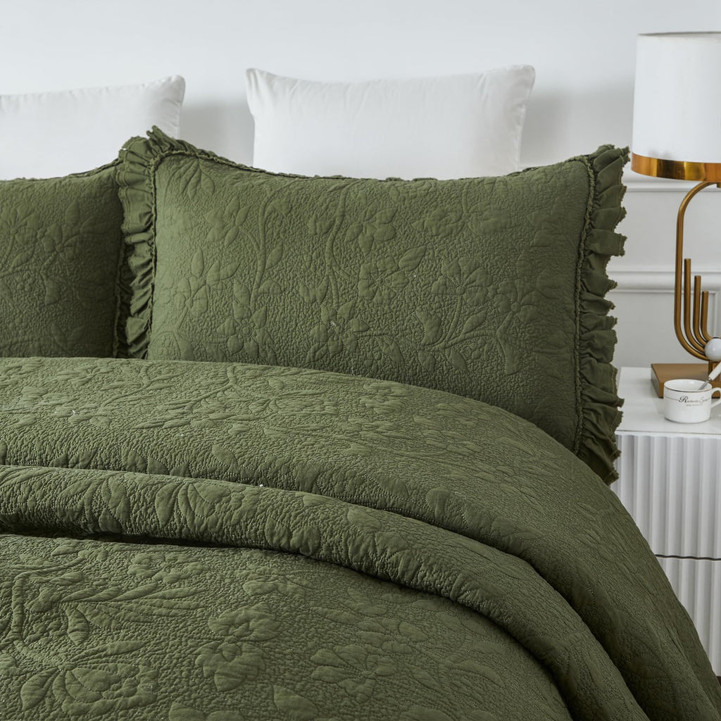 Olive Green Quilt Set Cotton Ruffled Floral Coverlet 3PC