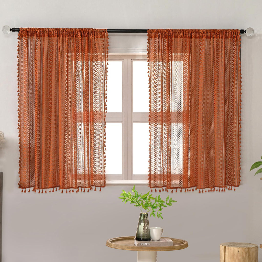 Burnt Orange Curtains Sheer 45 Inch Length Bedroom Short Small Cafe Rod Pocket Vintage Fall Privacy Let Light in