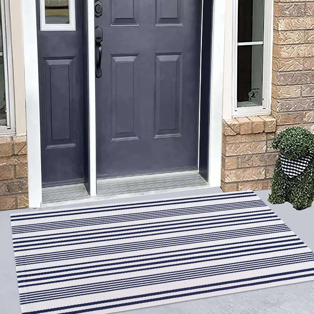 Blue and White Outdoor Rug 24"x51"Washable Woven Striped Front Porch Rug
