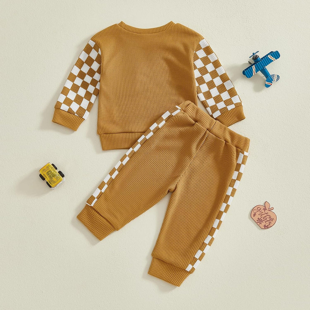 Baby Boy Fall Clothes Toddler Infant Plaid Patchwork Outfit Long Sleeve Round Neck Tops and Casual Pants Set
