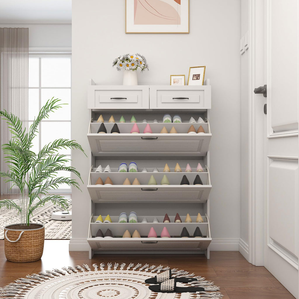 Narrow Shoe Organizer Cabinet with 3 Large Flip Drawers & 2 Storage Drawers - Slim Shoe Storage, White