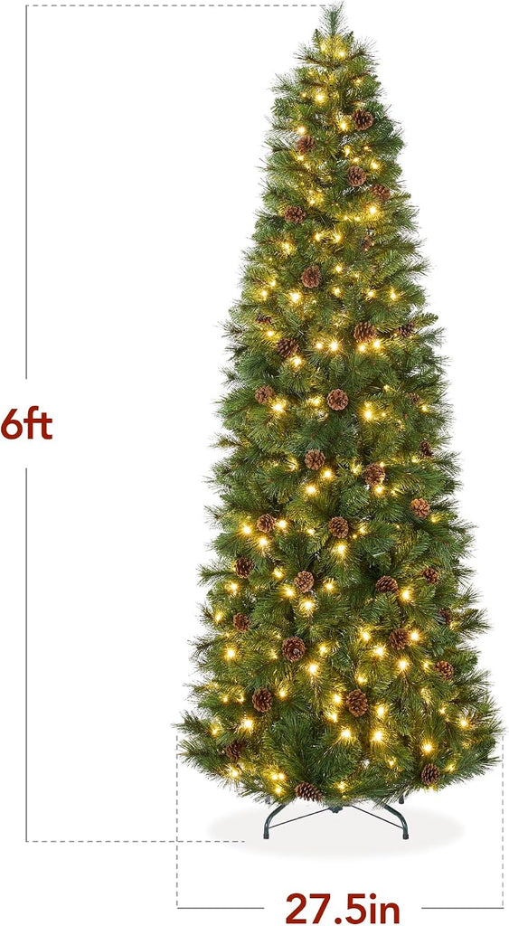Pre-Lit Scotch Pine Pencil Christmas Tree, Premium Skinny Pre-Decorated Holiday Decor w/White and Multicolor LED
