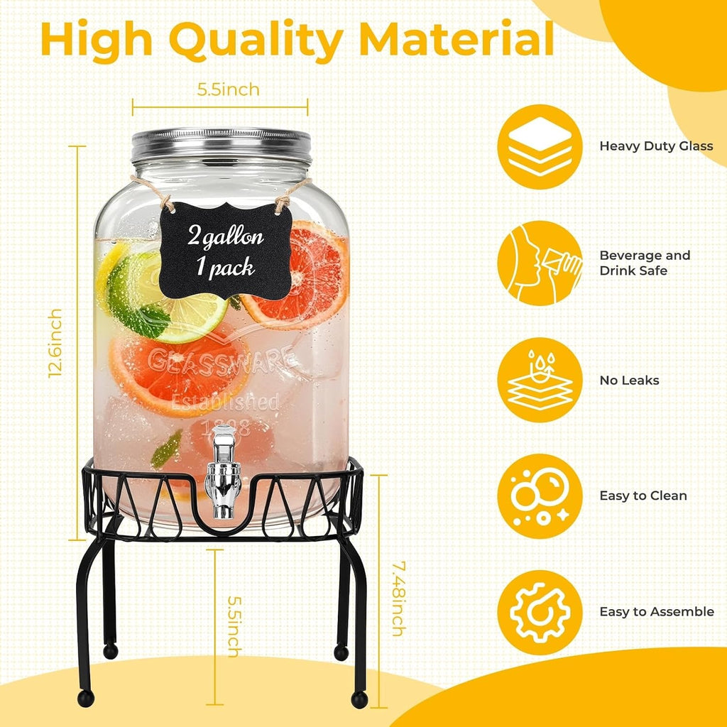2 Gallon , 1 Pack Clear Beverage Dispenser for Party, BBQ and Picnic, Juice Dispenser with Ice Core, Black Stand
