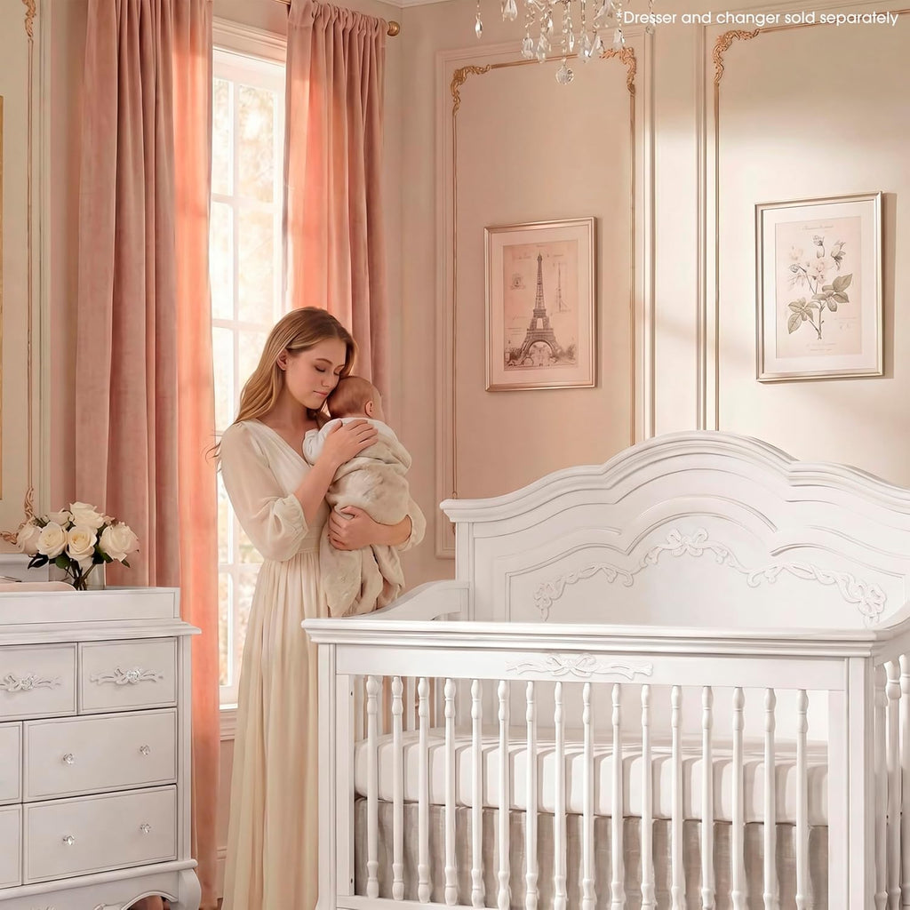 Aurora 5-in-1 Convertible Full Size Baby Crib, Frost White | Wooden Nursery, 3-Position Mattress Support, Converts to