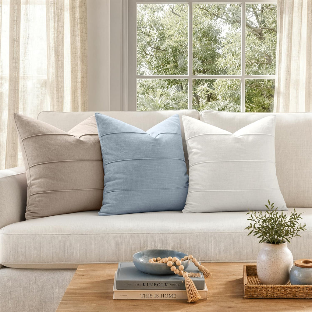 Decorative Linen Throw Pillow Covers 20x20 Light Blue Striped