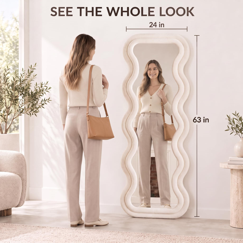 Full Length Wavy Mirror, 63"x24", Arched Floor & Wall Mirror - Standing, Hanging or Leaning - Flannel Wrapped Wooden