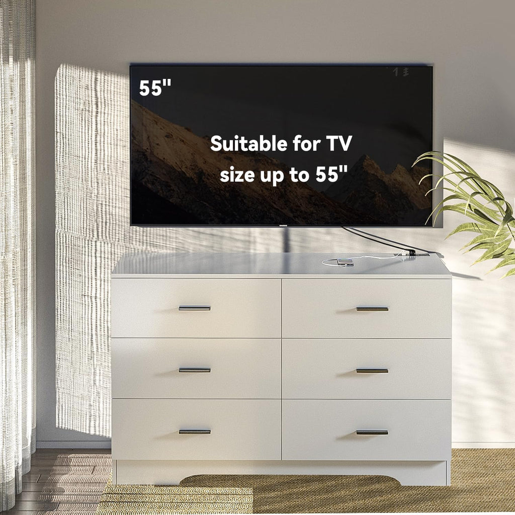 Dresser with Power Outlets Wooden 6 Drawer Dresser with USB and Type C Port Chest of Drawers Tall White Storage