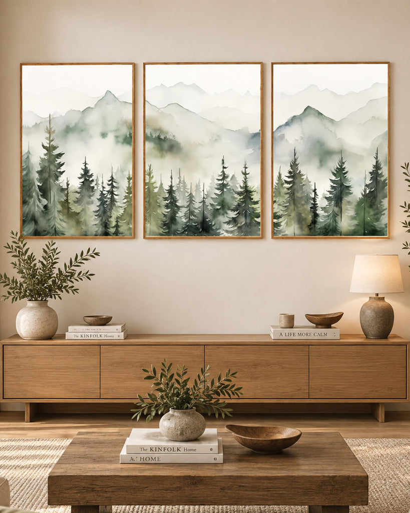 16x24 in Sage Green Mountain Landscape Large Wall Art Set of 3
