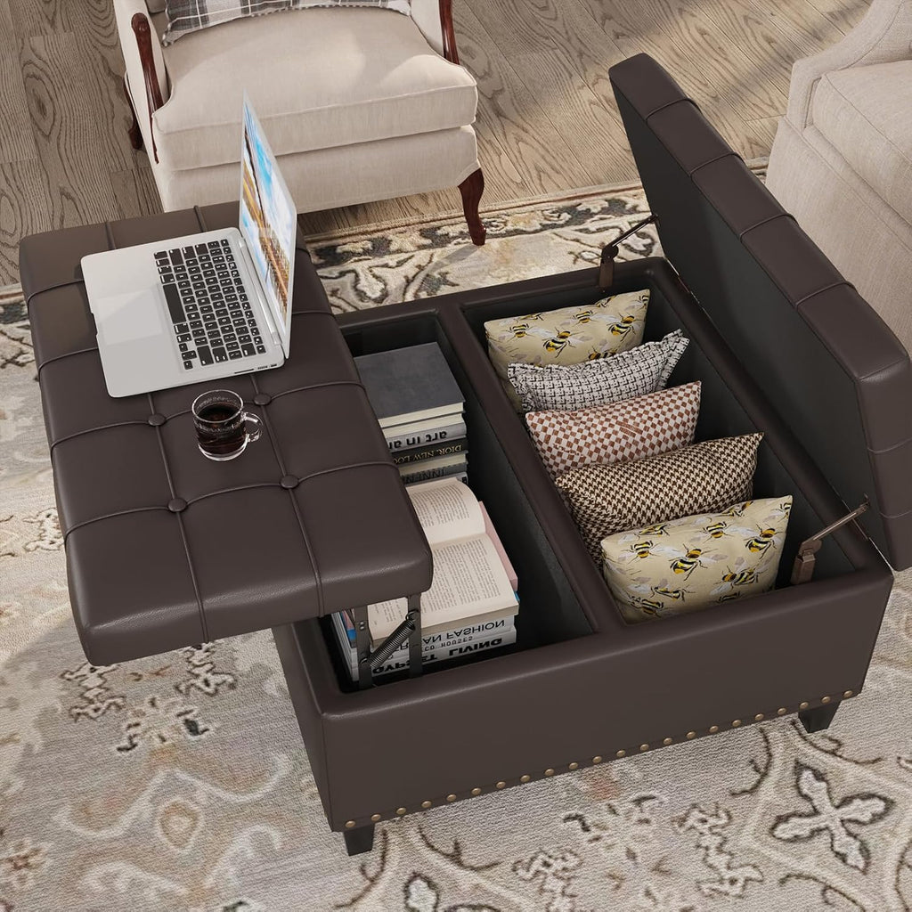 31.5 Inch Large Square Ottoman with Storage,Faux Leather | Coffee Table Storage Ottoman Bench with Lift Top