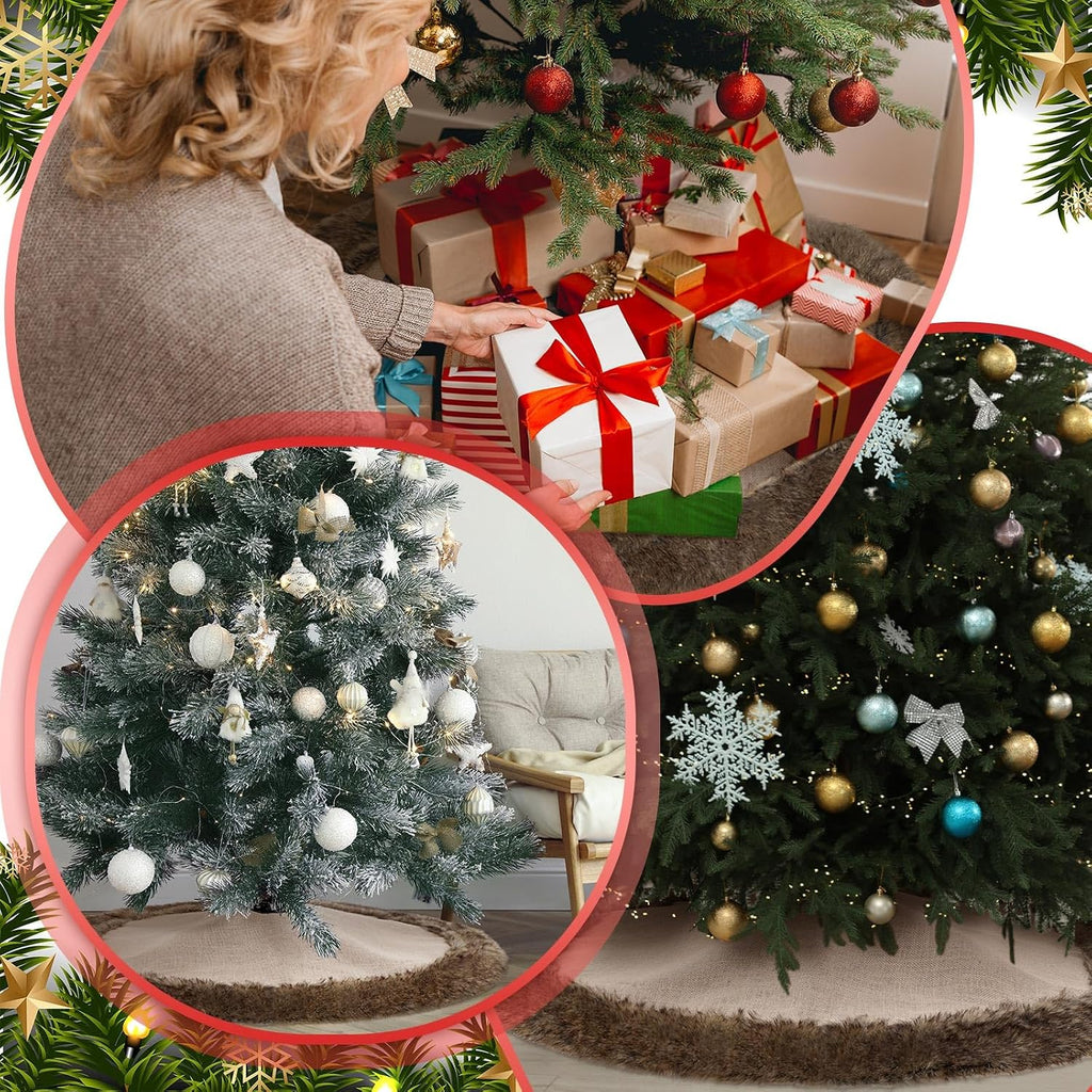 36 Inch Christmas Tree Skirt Burlap Brown Faux Fur Plush Xmas