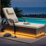 Outdoor Chaise Lounge Chair with LED Lights, Patio Wicker Lounge Chairs with 5-Level Backrest