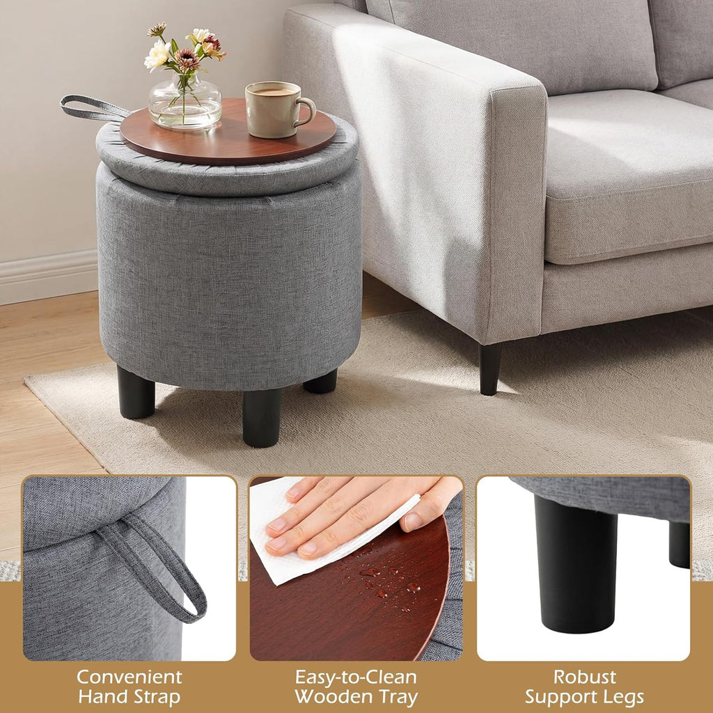 Linen Fabric Round Storage Ottoman with Removable Lid, Gray | Upholstered Ottoman Foot Rest, Small Ottoman Foot Stool
